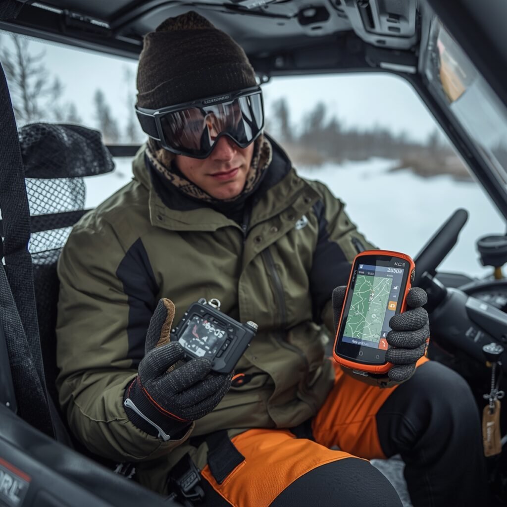 Winter UTV rider planning a route with GPS.