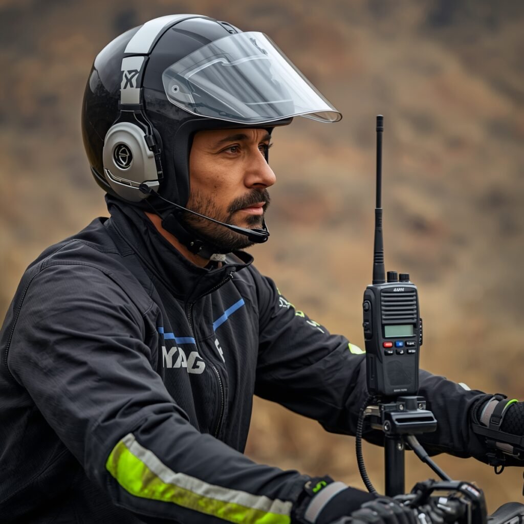 Off-road rider communicating via radio headset on a Honda Pioneer.