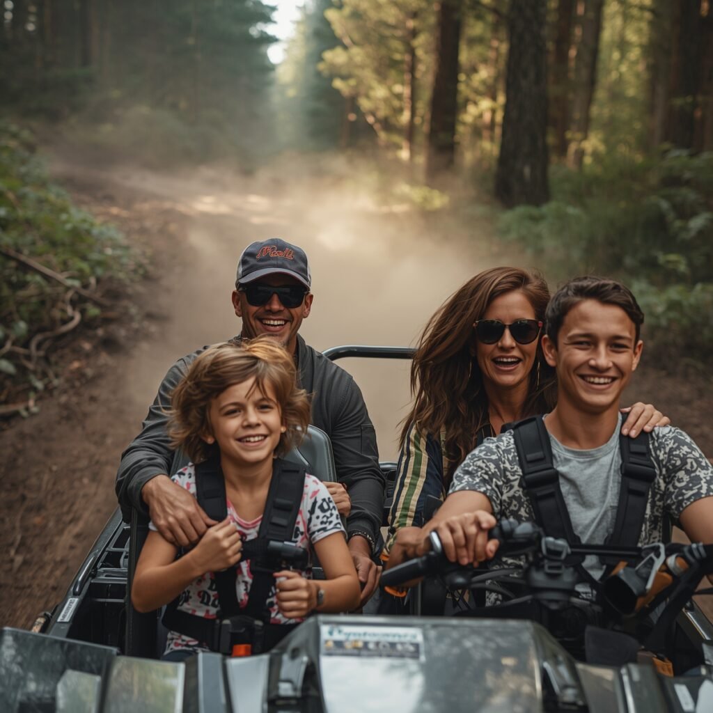 Family offroad adventure in a UTV, enjoying comfort upgrades on rough trails.”