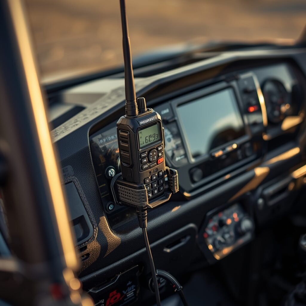 Offroad two-way radio mounted on Honda Pioneer dash.