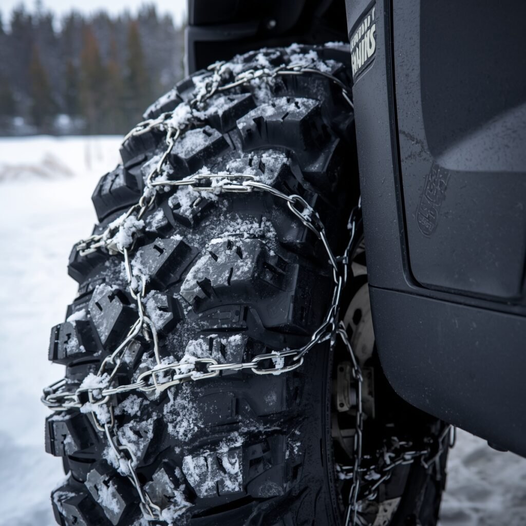 UTV tire chains for ice and snow traction.