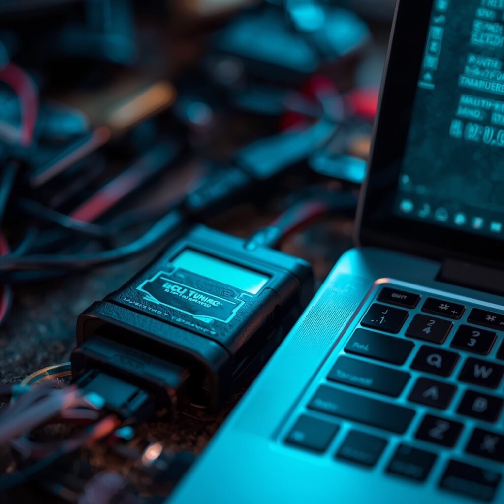 ECU tuning device plugged into UTV for performance tuning.