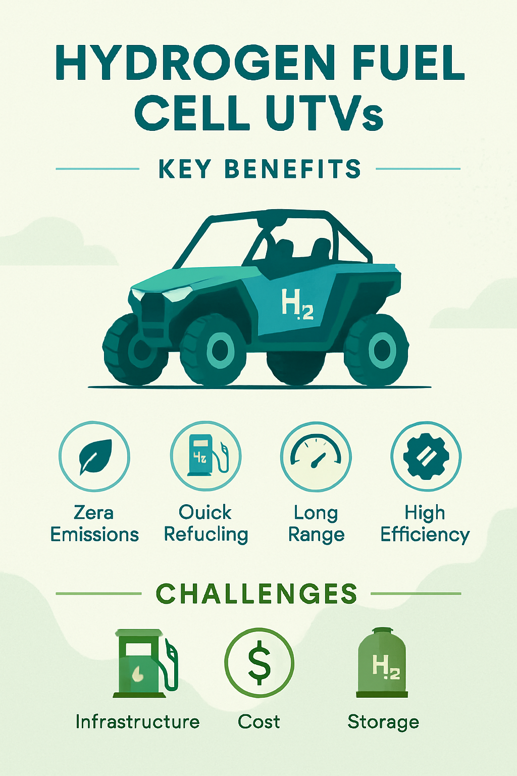| Feature | Hydrogen Fuel Cell UTV | Battery-Electric UTV | | :--- | :--- | :--- | | **Refueling/Recharging Time** | Fast refueling (minutes) | Longer recharging time (hours) | | **Range** | Typically longer range (300-400 miles) | Generally shorter range (200-350 miles) | | **Energy Storage** | High-pressure hydrogen tanks | Large, heavy batteries | | **Weight** | Lighter due to smaller batteries | Heavier due to large batteries | | **Infrastructure** | Limited hydrogen refueling stations | More widespread electricity grid | | **Efficiency (Well-to-Wheel)** | Lower overall efficiency due to energy conversion losses | Higher overall efficiency | | **Emissions** | Near-zero (water vapor) | Zero tailpipe emissions, but depends on electricity source | | **Performance** | Consistent power output | Can experience performance drop as battery depletes |