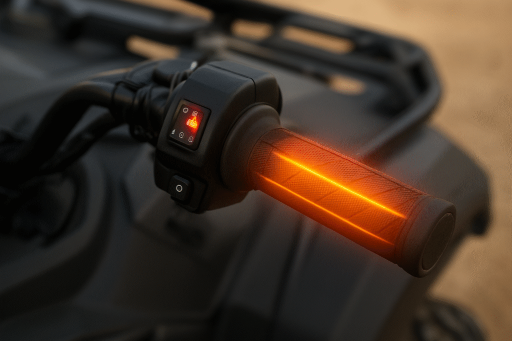 Heated grips on a UTV handlebar providing warmth.