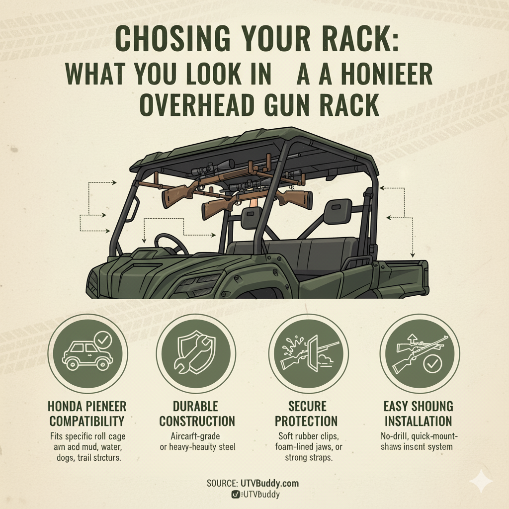 Maximize your Honda Pioneer's utility with an overhead gun rack! Discover the best options, benefits, and installation tips to keep your firearms safe, secure, and accessible on every adventure. Read our review to find the perfect UTV gun rack for your Pioneer.
