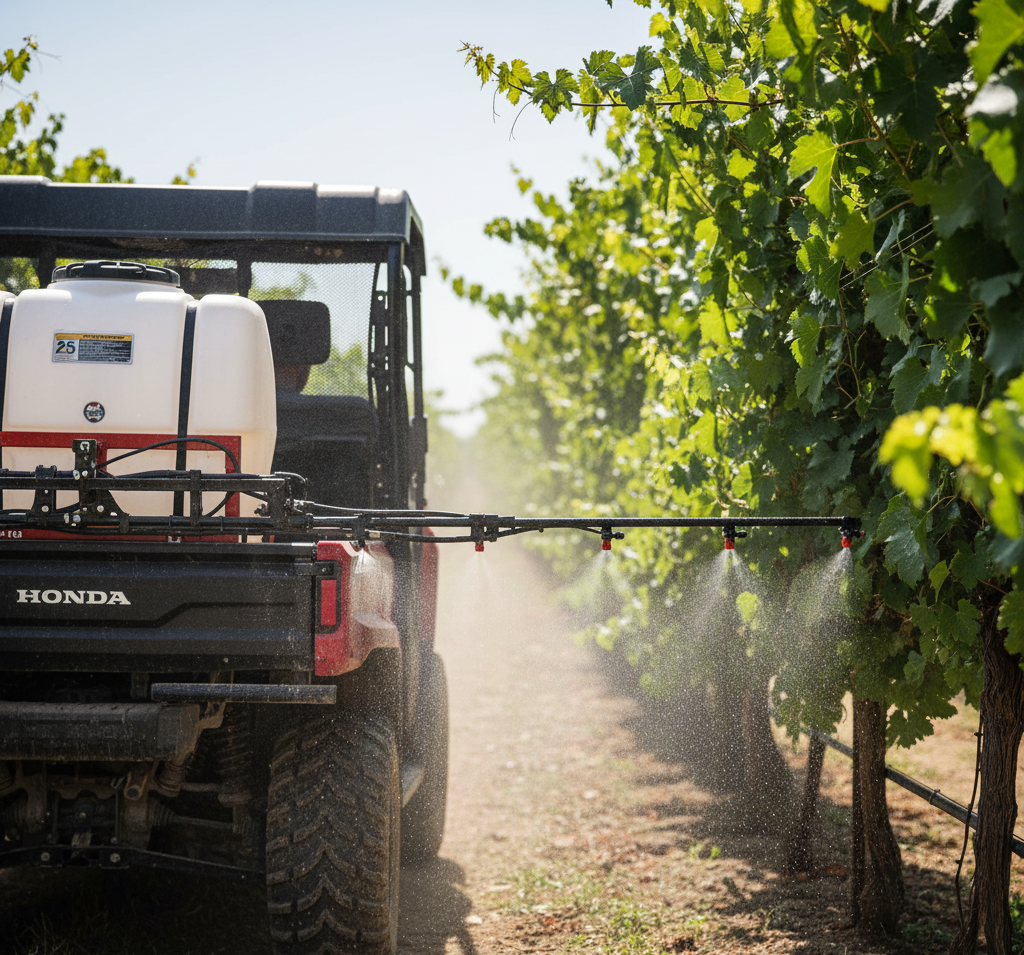 UTV mounted sprayer for vineyard pest and disease control.