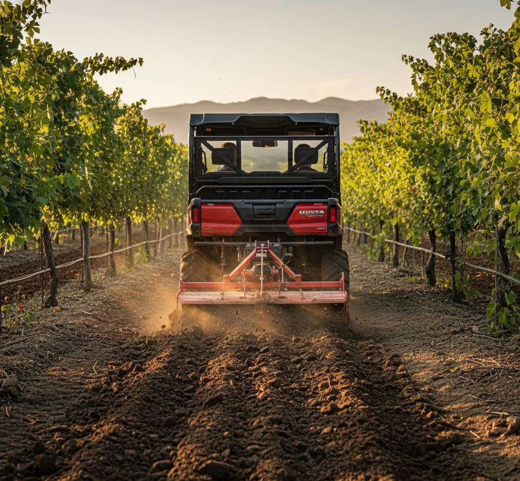 UTV pulling a tiller for weed control in a vineyard.