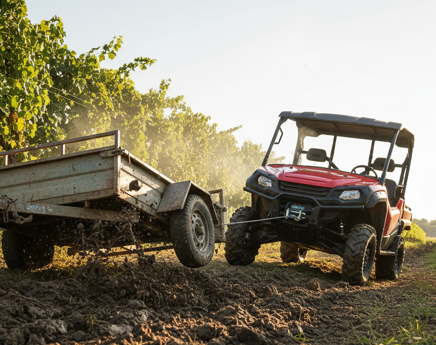 UTV winch recovery in a vineyard setting.