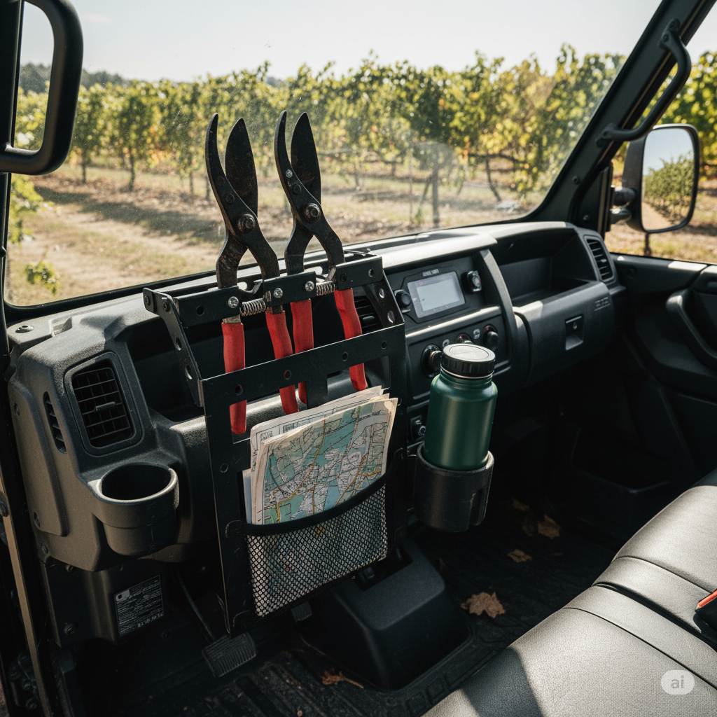 UTV interior organization for vineyard tools.