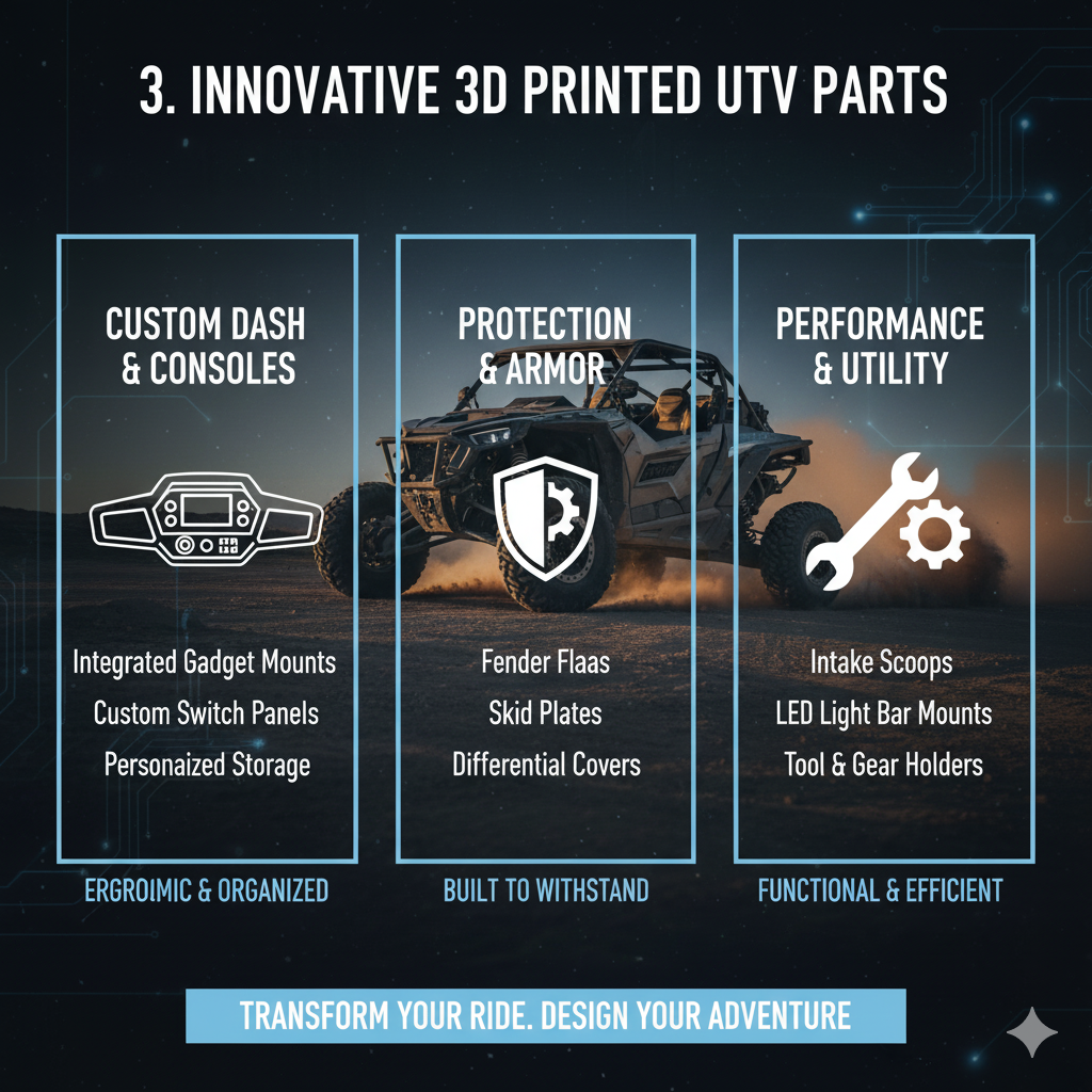 Dive deep into the exciting world of 3D printed UTV parts and accessories, exploring how additive manufacturing is transforming off-road adventures. Discover the unparalleled benefits of customization, enhanced durability, and rapid prototyping that 3D printing brings to your side-by-side. Learn about the best materials for rugged use, innovative parts you can print, and how this technology empowers UTV enthusiasts to personalize and optimize their vehicles like never before. Get ready to elevate your off-road experience with cutting-edge 3D printing solutions.