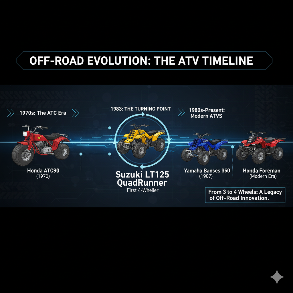 A timeline of ATV history, highlighting the impact of the Suzuki LT125 QuadRunner.