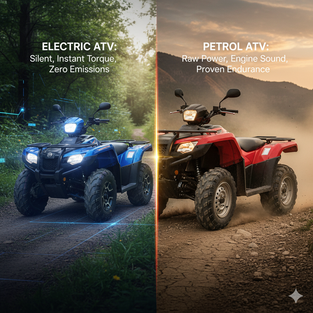 An electric ATV and a petrol ATV, representing the choice between two different types of off-road power.