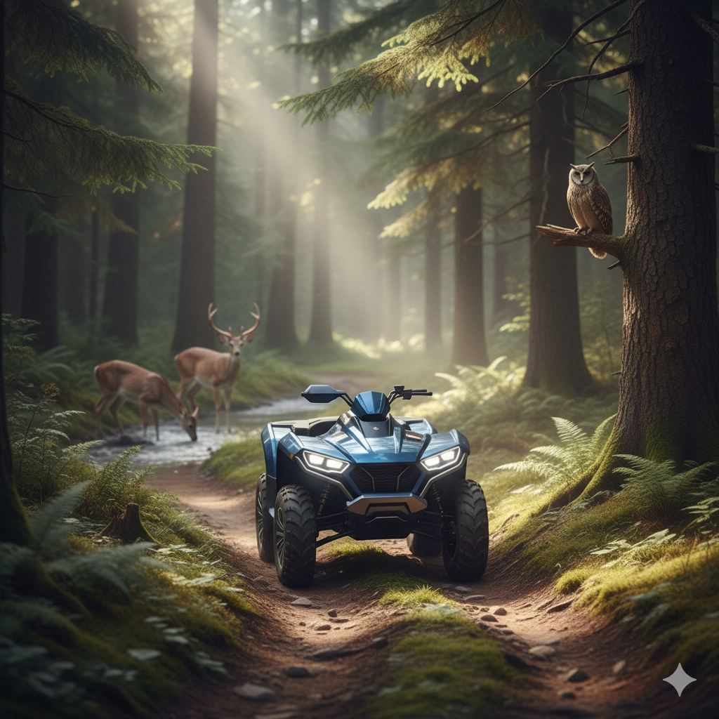 An electric ATV in a forest, highlighting its quiet and eco-friendly operation.