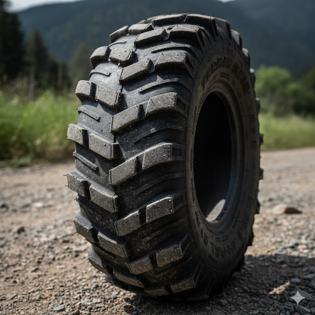 A close-up of an indestructible UTV tire, showing its aggressive tread and durable construction.
