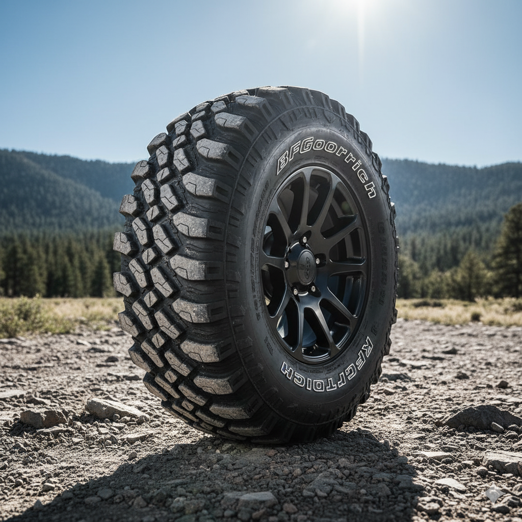 A BFGoodrich KM3 UTV tire, a top-tier mud and off-road tire.