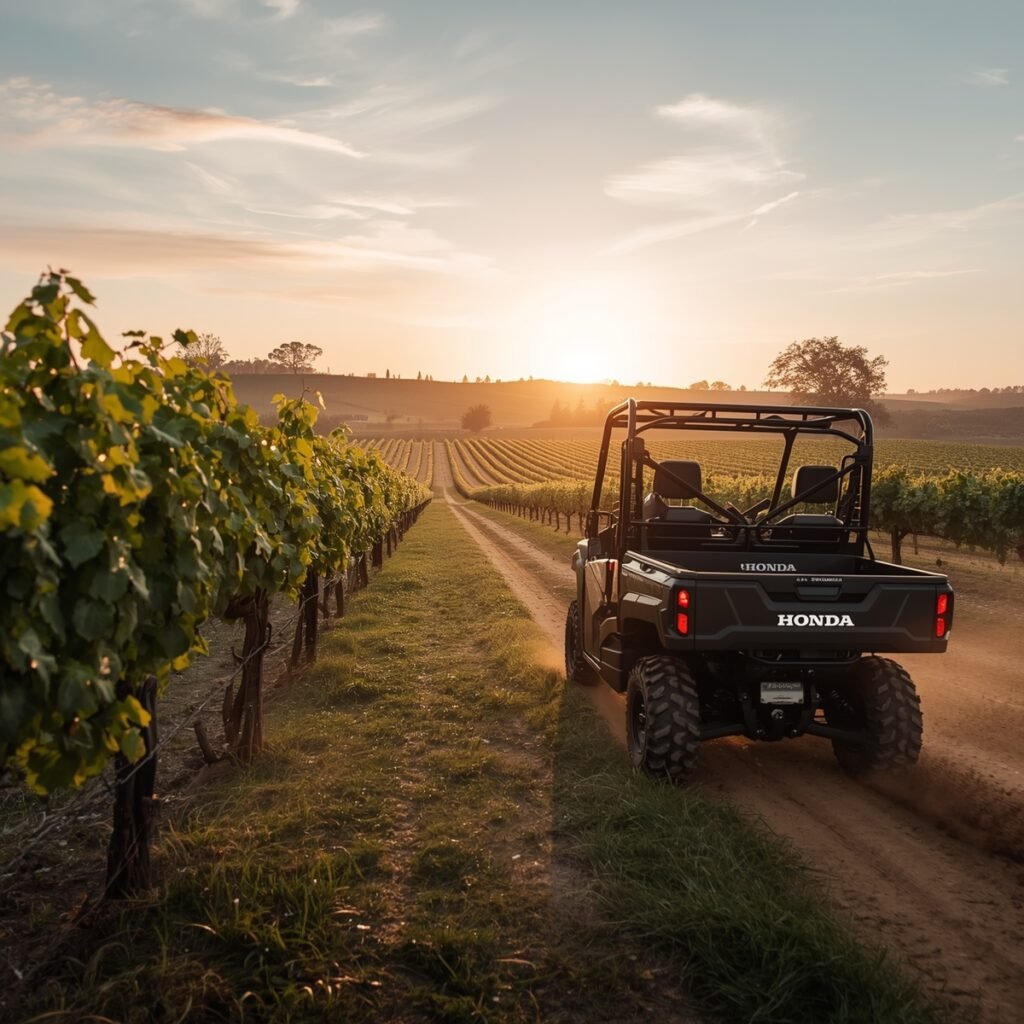 Honda Pioneer UTV used for vineyard management in early morning.