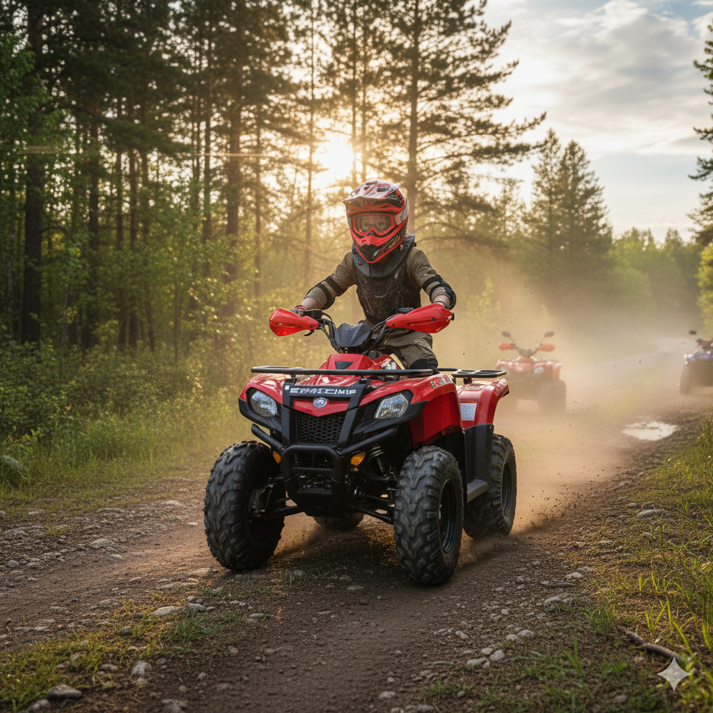 Kids ATV rider with helmet and gloves.