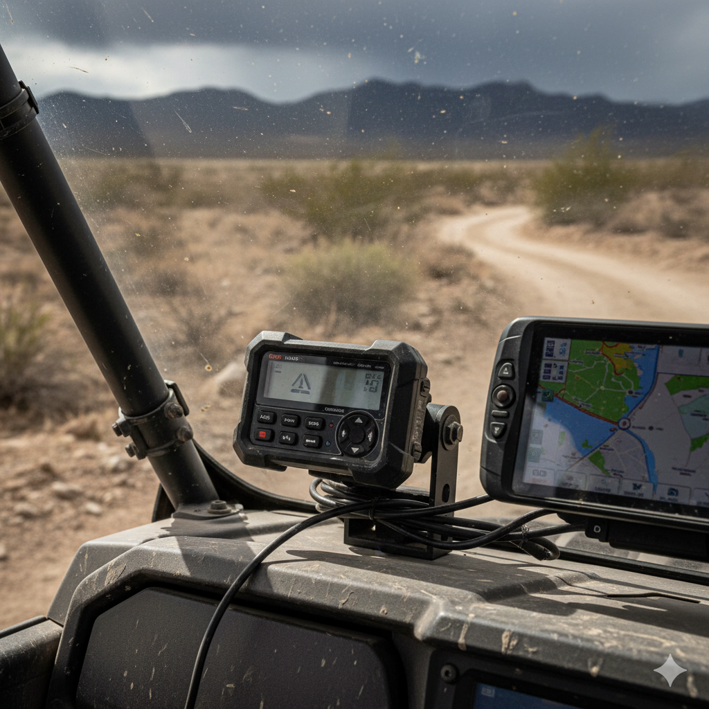 Hard-mounted NOAA weather alert system in a UTV cockpit.