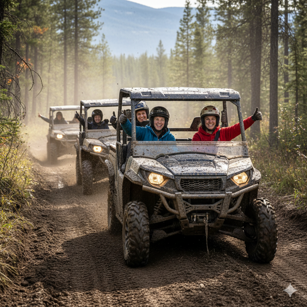 Women in off-roading club celebrating a successful trail ride.