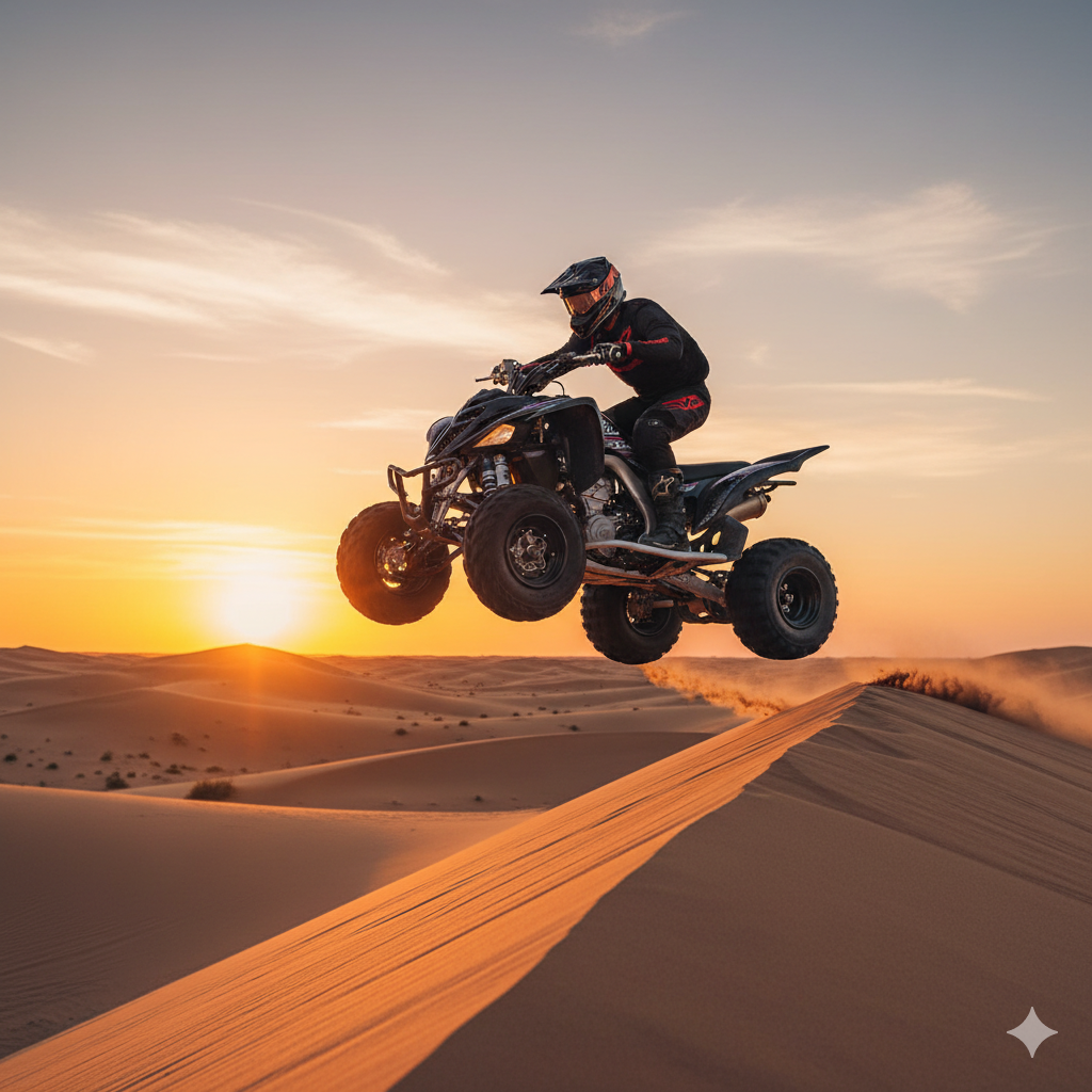 Yamaha Raptor 700R SE sport ATV jumping a sand dune.