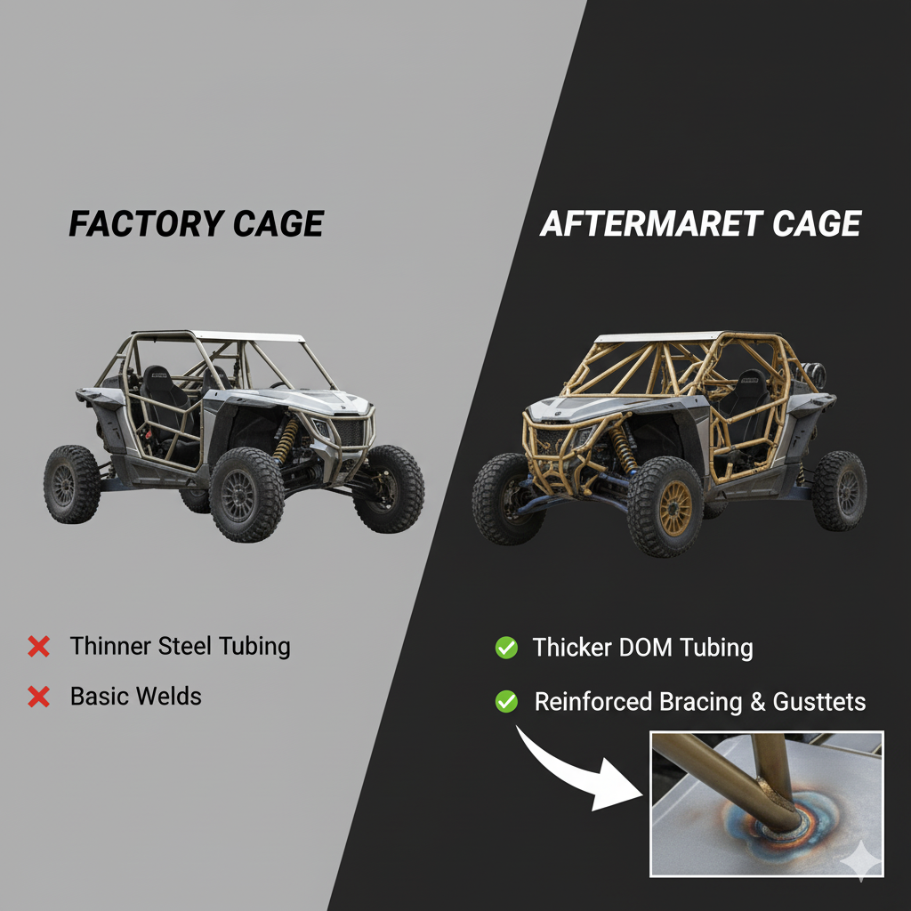 Comparison of factory UTV ROPS versus advanced aftermarket roll cage protection system.