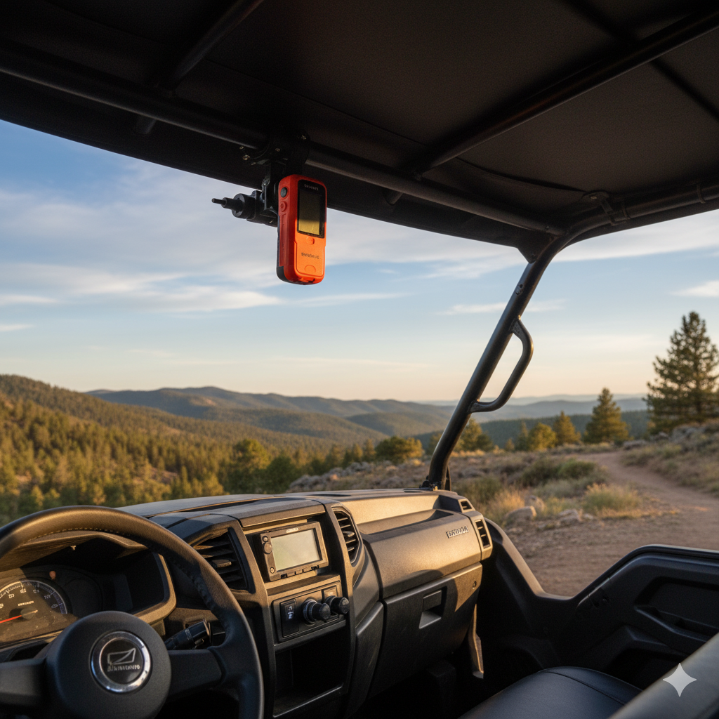 Secure roll cage mounting of an emergency satellite beacon on a Honda Pioneer.