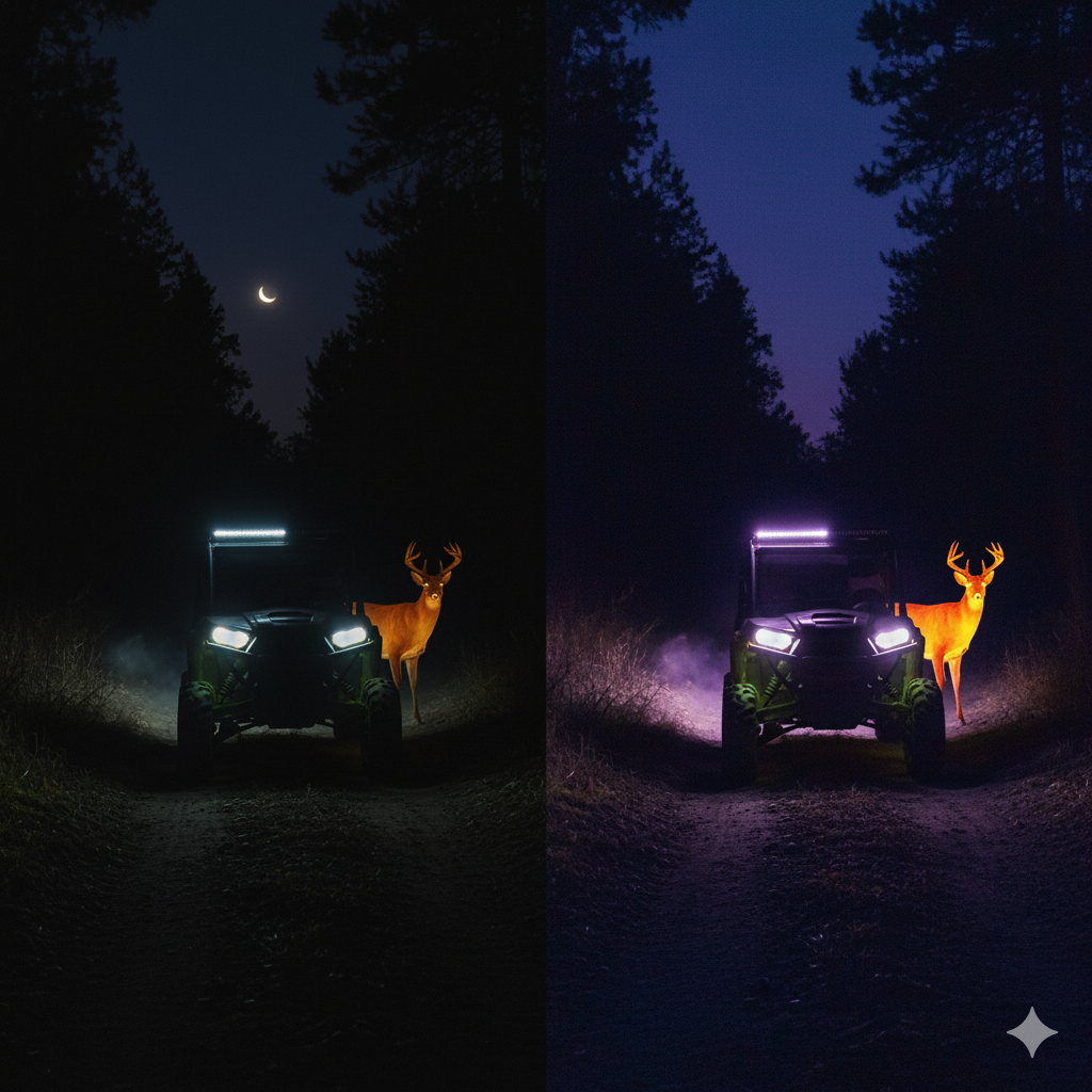 Thermal night vision view on a UTV trail compared to standard darkness.