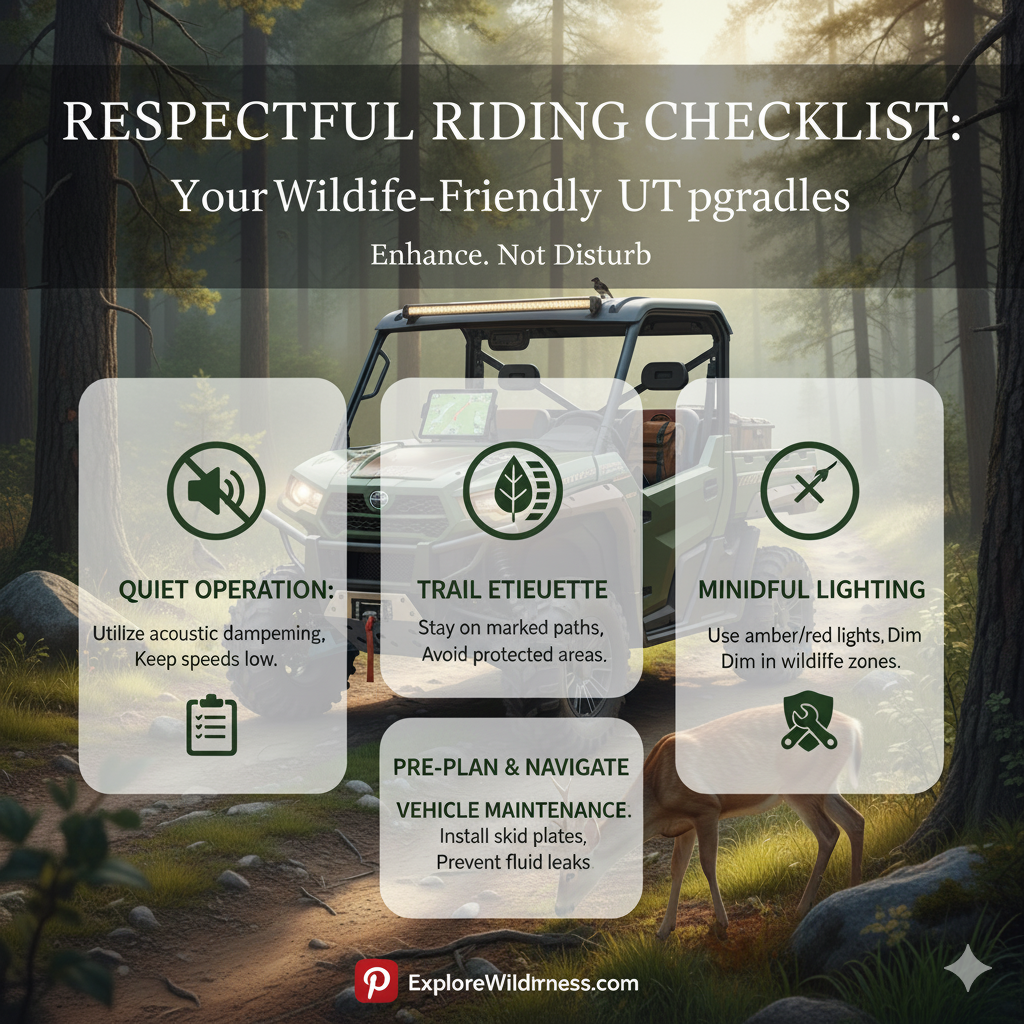 Transform your UTV into a silent, respectful partner in wilderness exploration with this in-depth 2000-word guide to wildlife-friendly modifications. Discover how to minimize your ecological footprint through strategic upgrades, including advanced acoustic dampening materials that reduce engine noise to a whisper, specialized lighting systems that prevent wildlife disorientation, and low-impact tire designs that protect sensitive ground cover. We explore the science behind animal behavior and vehicle disturbance, detailing modifications like undercarriage skid plates to prevent fluid leaks and GPS systems pre-loaded with sensitive habitat maps. Learn how to equip your side-by-side for coexistence, ensuring that your adventure enhances, rather than detracts from, the natural environment, making every ride a responsible journey into the wild