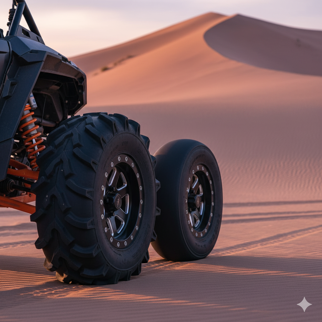 UTV sand dune performance enhancements showing paddle and smooth front tires.