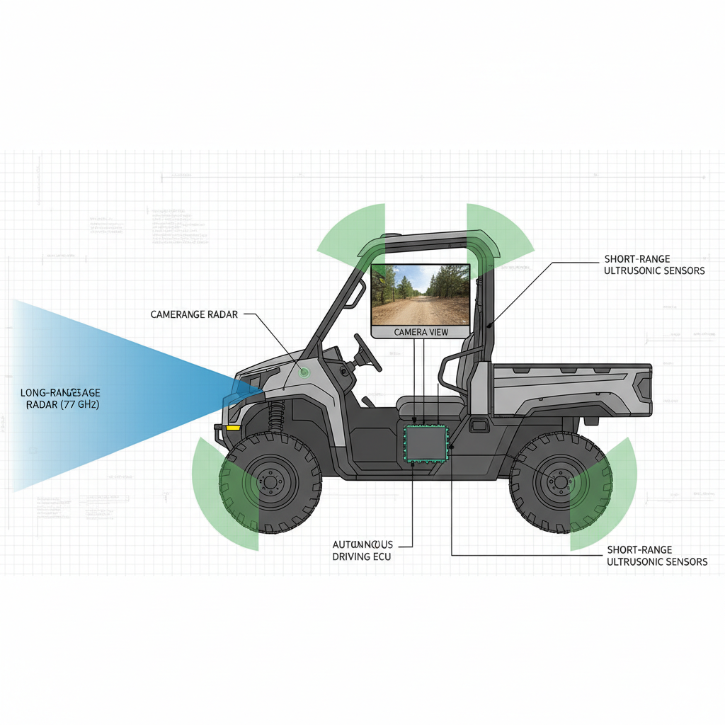 Illustration of UTV collision avoidance technology sensor placement.