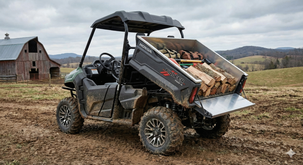 Honda Pioneer 700-4 with QuickFlip seats converted to a full cargo bed.