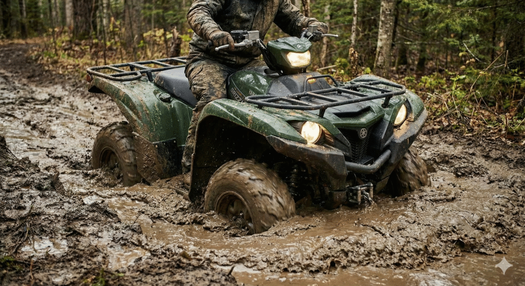 Yamaha Grizzly 700 EPS with On-Command 4WD engaged, tackling a challenging muddy trail.