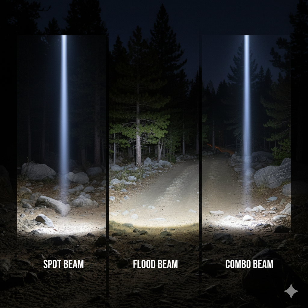 Diagram showing the coverage area of different off-road light beam patterns.]