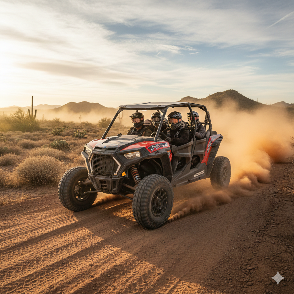 Polaris RZR XP 4 1000 with four passengers navigating a high-speed desert trail. 