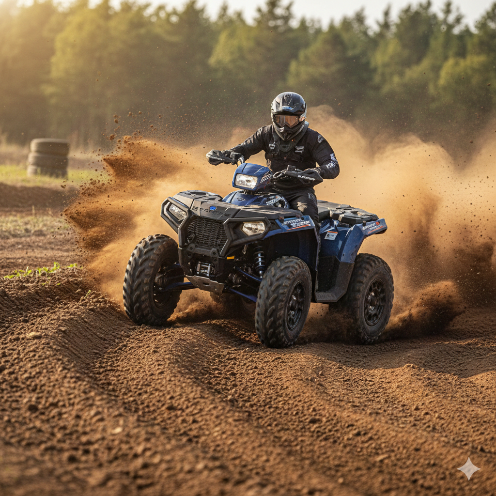 Polaris Sportsman XP 1000 S cornering hard on a single-track trail.