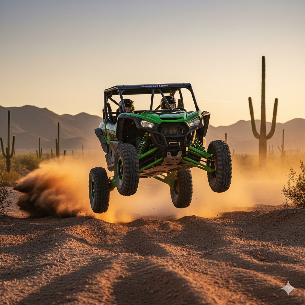 Kawasaki KRX 1000 UTV tackling desert whoops with long-travel suspension.
