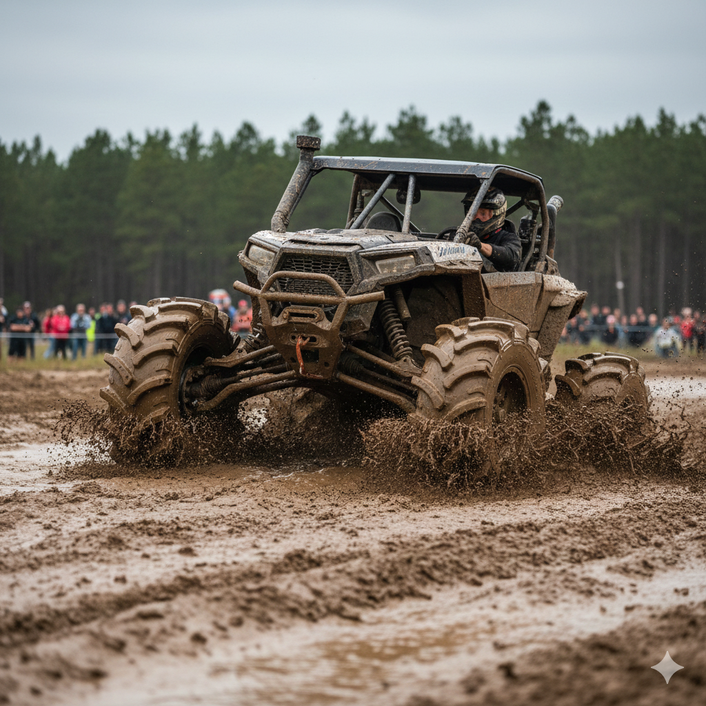 UTV with mud racing specific modifications including large mud tires and a lift kit.