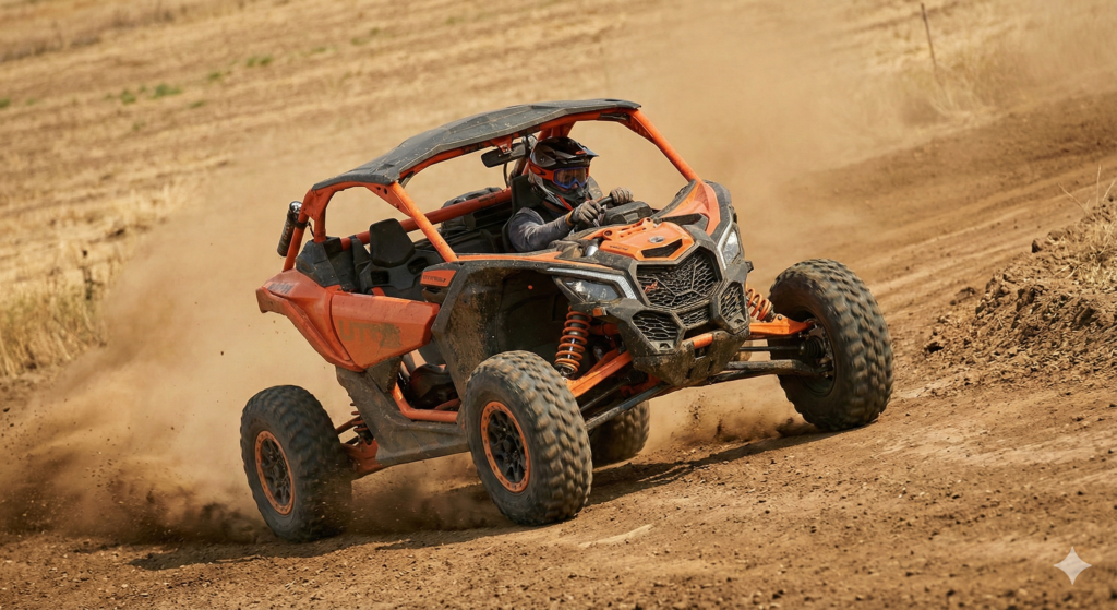 UTV performance driving technique showing a controlled power-slide cornering.