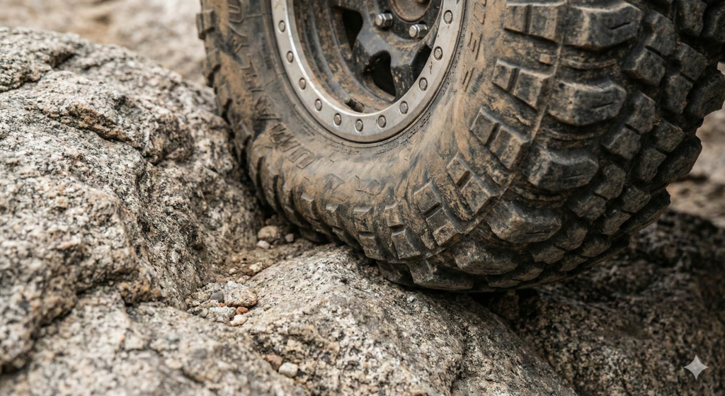 UTV rock crawling competition preparations showing sticky tire on beadlock wheel.