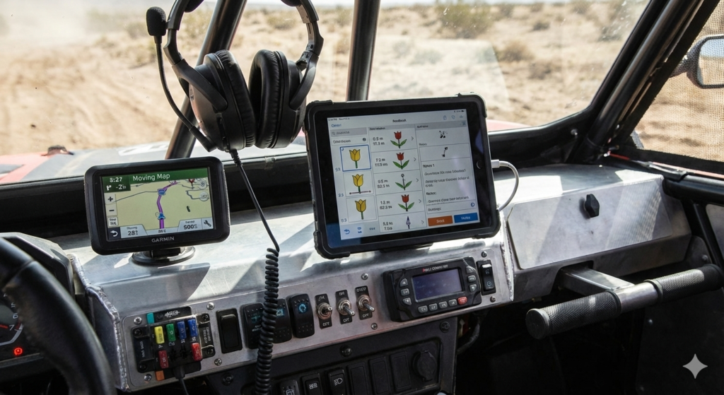 UTV rally racing navigation systems setup with digital roadbook and GPS.