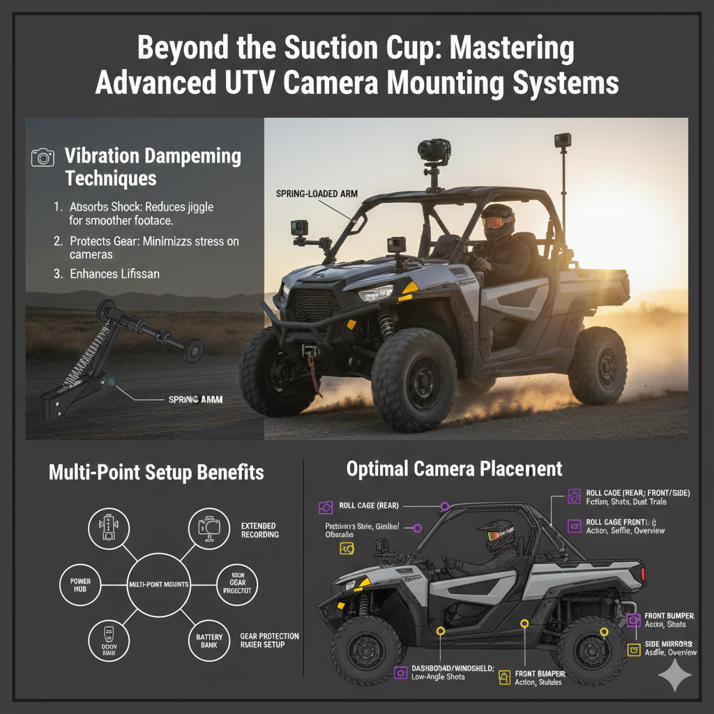 title: Beyond the Suction Cup: Mastering Advanced UTV Camera Mounting Systems Meta Description: Elevate your UTV videography with advanced camera mounting systems. Learn about vibration dampening, multi-point setups, powering cameras on the go, and optimal placement for action, 360, and DSLR cameras to capture cinematic off-road footage.