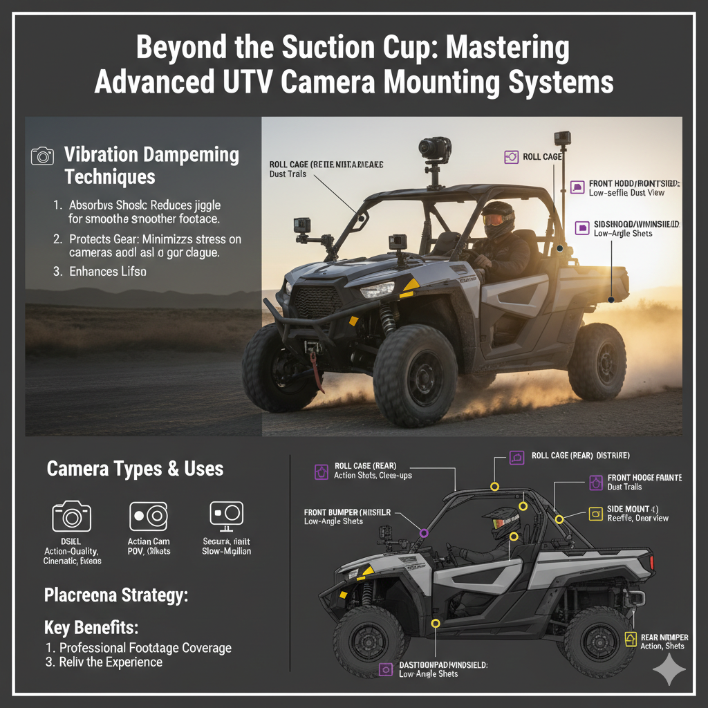 title: Beyond the Suction Cup: Mastering Advanced UTV Camera Mounting Systems Meta Description: Elevate your UTV videography with advanced camera mounting systems. Learn about vibration dampening, multi-point setups, powering cameras on the go, and optimal placement for action, 360, and DSLR cameras to capture cinematic off-road footage.