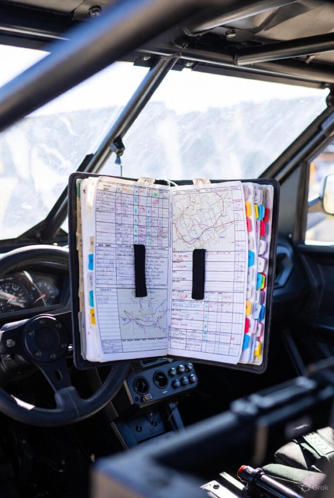 Off-road rally roadbook with marked-up navigation instructions.