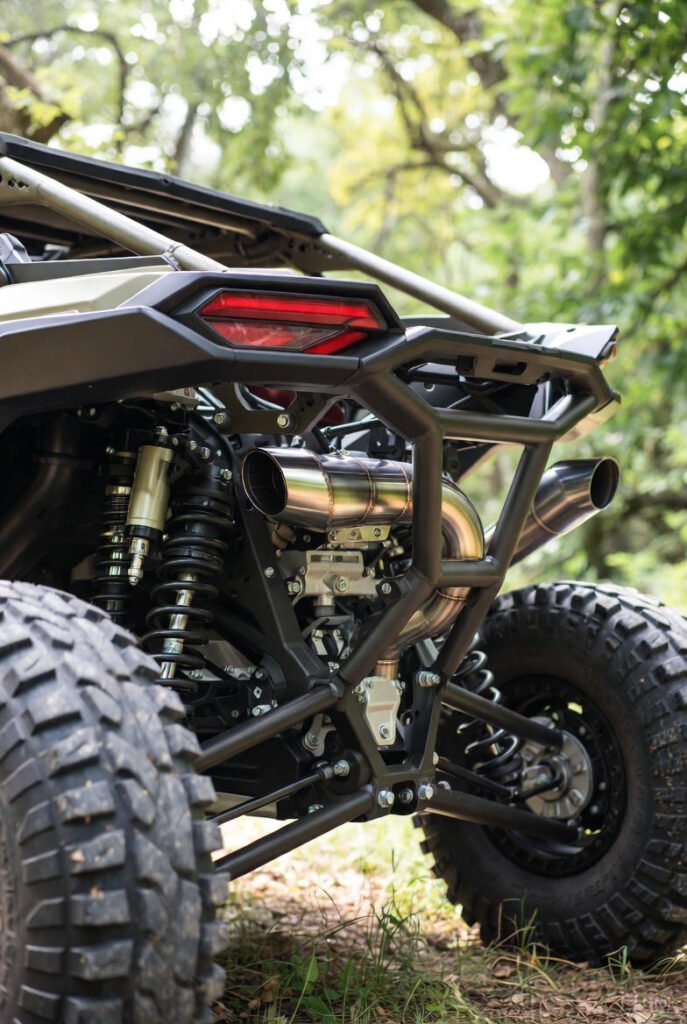 Rear view of Can-Am Maverick X3 Turbo RR showing the Rotax engine and long-travel suspension.