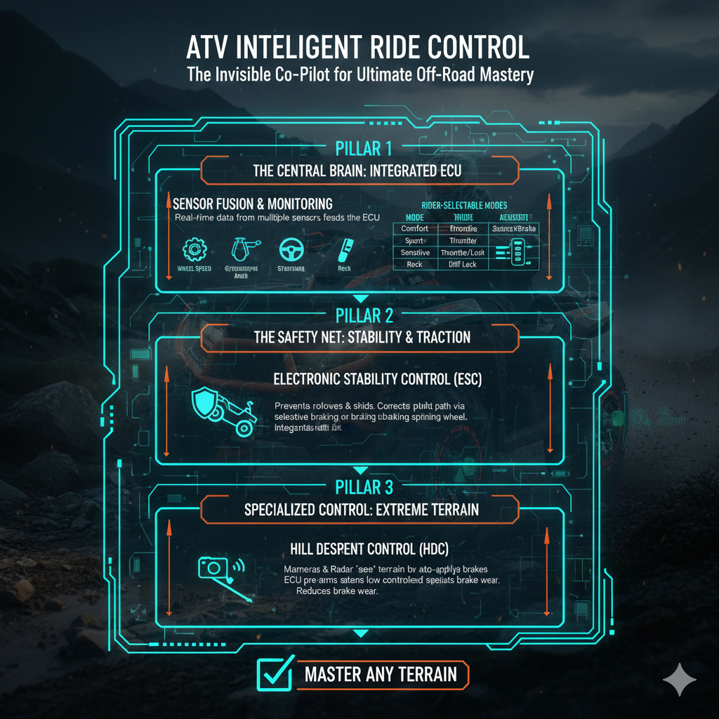 Title: The Co-Pilot You Can’t See: Mastering ATV Intelligent Ride Control
Meta Description: Discover how ATV intelligent ride control systems like Electronic Stability Control (ESC), Traction Control, and Hill Descent Control are revolutionizing off-road safety and performance. Learn how integrated ECUs manage these systems for ultimate control on any terrain.
Tags: ATV Intelligent Ride Control, ECU, Electronic Stability Control, Traction Control, Hill Descent Control, Off-Road Safety, UTV Technology, Sensor Fusion, Off-Road Performance, Can-Am Smart-Lok, Polaris DYNAMIX, Vehicle Dynamics, Electronic Aids, Rider Modes, Safety Features
Key phrase : ATV Intelligent Ride Control