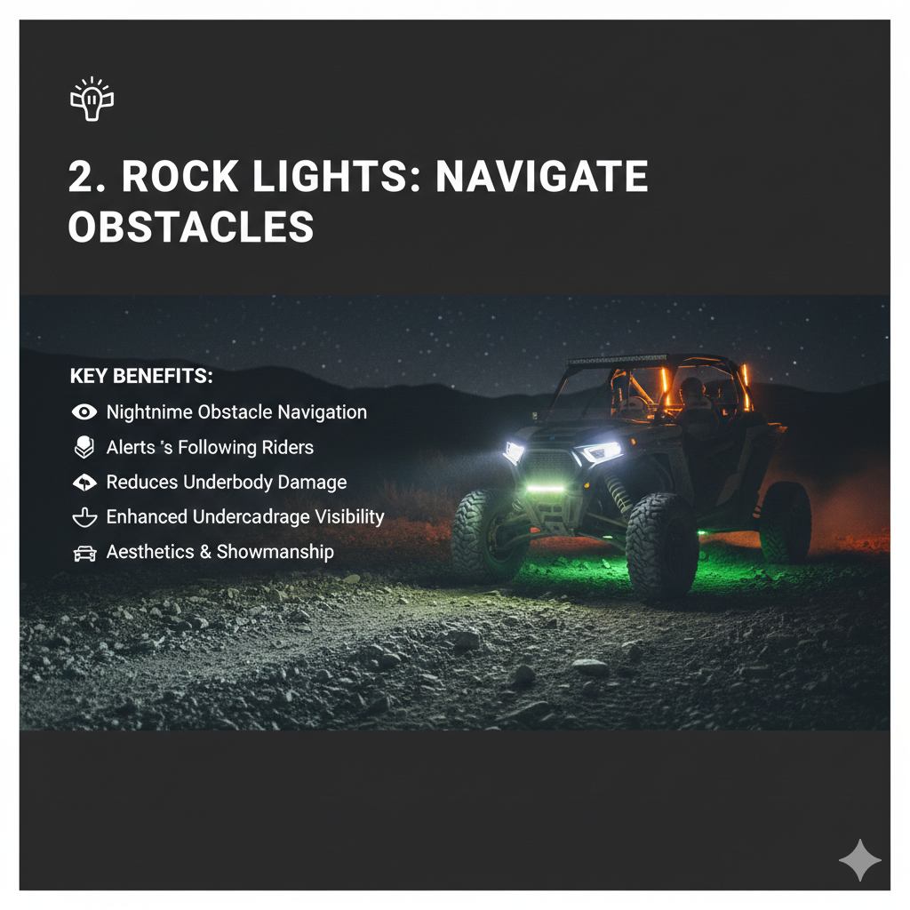 title:Beyond the Bar: Mastering UTV Unique Lighting Applications Meta Description: Go beyond light bars with unique UTV lighting applications. Explore the safety of chase lights, the utility of rock lights, the aesthetic of RGBW accent lighting, and the science behind using amber light to cut through dust and fog.