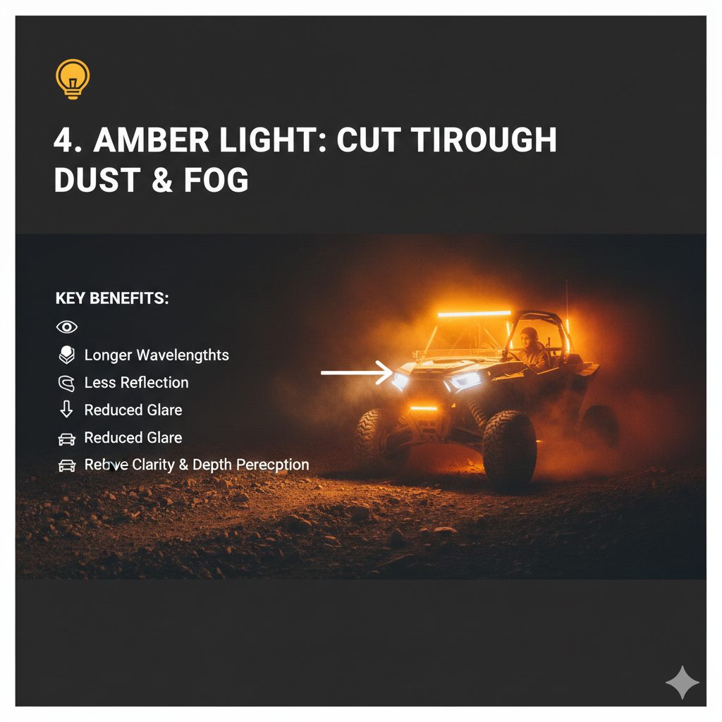 title:Beyond the Bar: Mastering UTV Unique Lighting Applications Meta Description: Go beyond light bars with unique UTV lighting applications. Explore the safety of chase lights, the utility of rock lights, the aesthetic of RGBW accent lighting, and the science behind using amber light to cut through dust and fog.