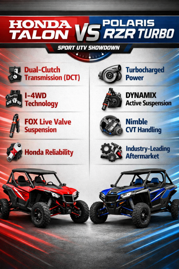 Title: Honda Talon vs Polaris RZR Turbo: Which Sport UTV Dominates the Dunes and Trails?

Meta Description: Turbocharged power meets Honda reliability! We break down the ultimate sport UTV comparison: **Honda Talon vs Polaris RZR Turbo**. See how DCT, Live Valve, and DYNAMIX stack up in power, suspension, and handling.