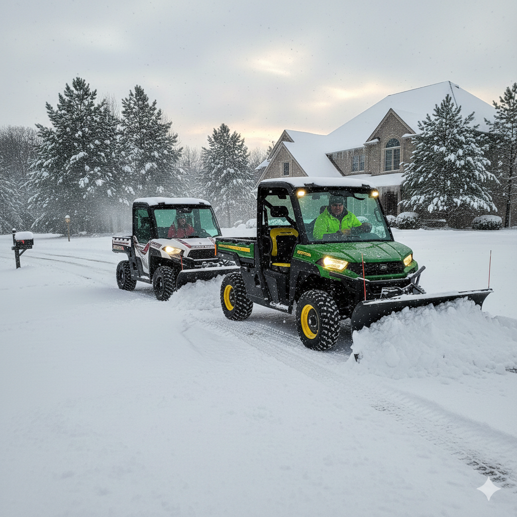 John Deere Gator and Polaris ranger equipped with snow plows clearing a snowy driveway 