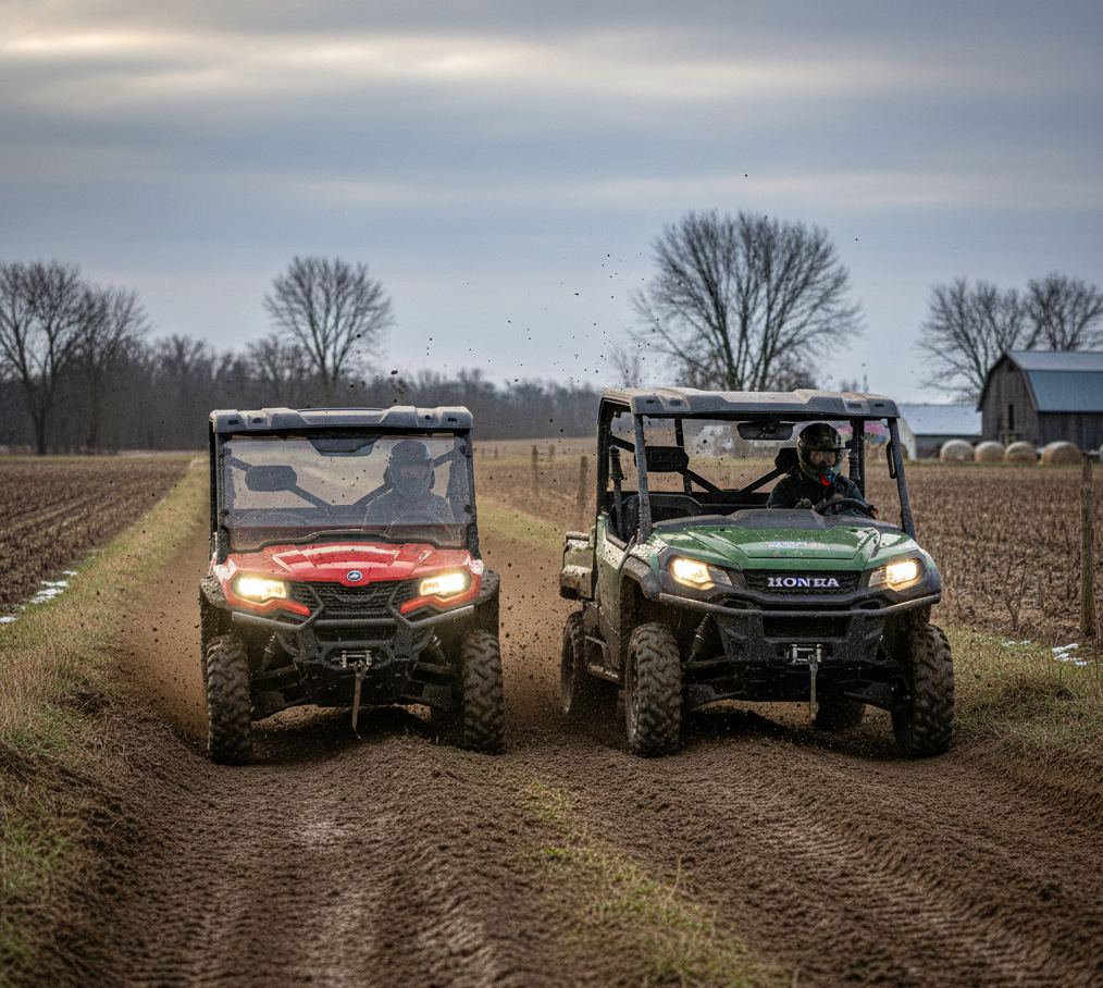 CFMOTO UForce 1000 vs Honda Pioneer 1000 on a muddy farm trail